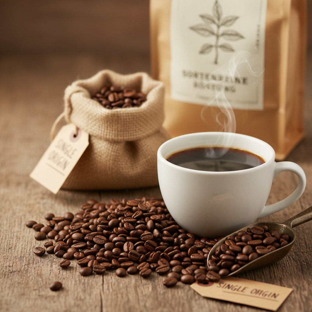 Eine Kaffeetasse mit Kaffeebohnen, einem Säckchen Kaffee sowie einer Verpackung mit geröstetem Kaffee. KI generiertes Bild. 