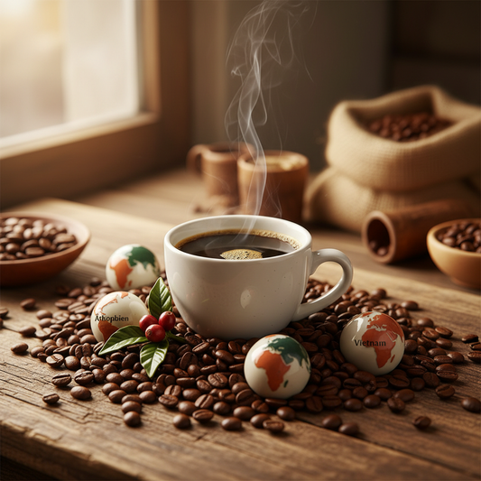 DELEST Blog – Kaffee Anbaugebiete: Die besten Kaffeeregionen der Welt | Kaffeeszene passend zum Thema Kaffee Anbaugebiete (KI-generiertes Bild)