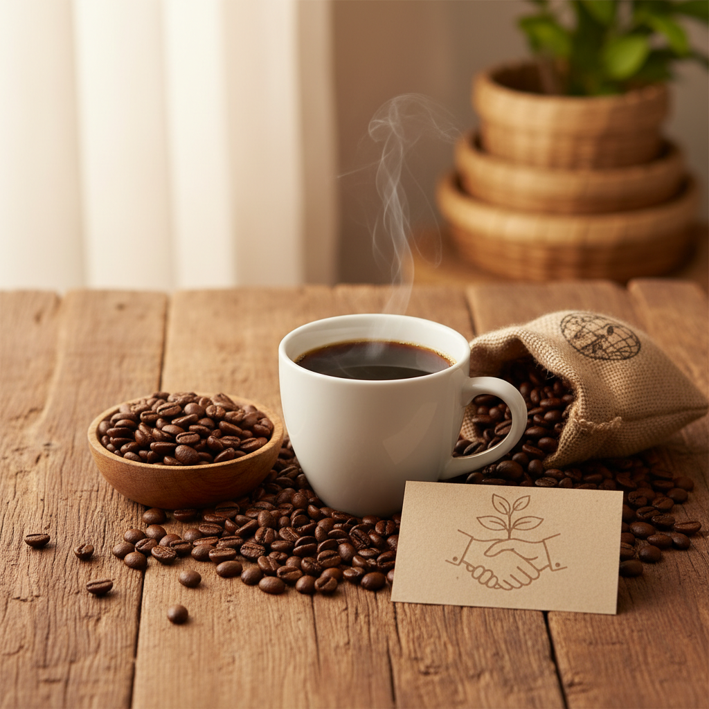 Kaffeetasse mit Kaffeebohnen und einem kleinen Symbol für Fairtrade. KI-generiertes Bild. 