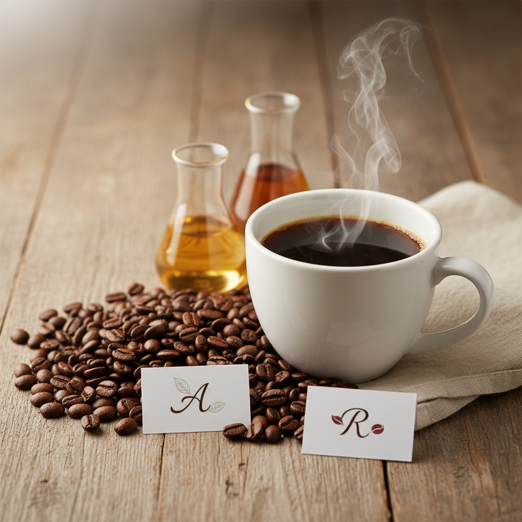 Dampfe die Kaffeetasse mit Kaffeebohnen mit den Schildern A und R für Arabica und Robusta. KI generiert das Bild. 