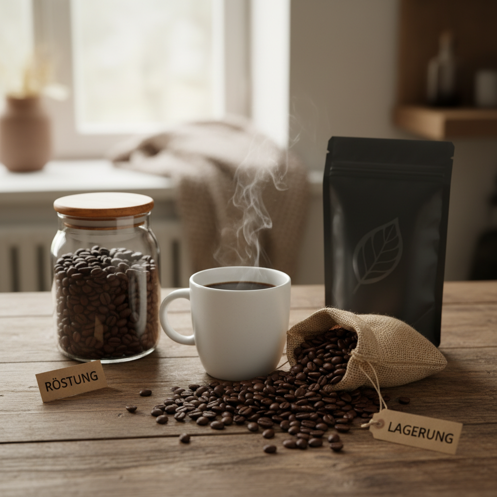 Eine Kaffeetasse, ein Säckchen mit Kaffeebohnen, ein Glas mit Kaffeebohnen und eine moderne Verpackung für Kaffee. KI generiertes Bild. 