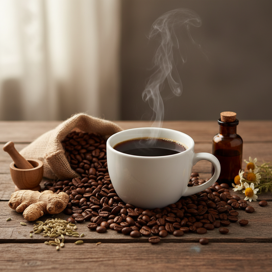 DELEST Blog – Kaffee und Magenschmerzen – warum die Röstung zählt | Kaffeeszene passend zum Thema Kaffee und Magenschmerzen (KI-generiertes Bild)