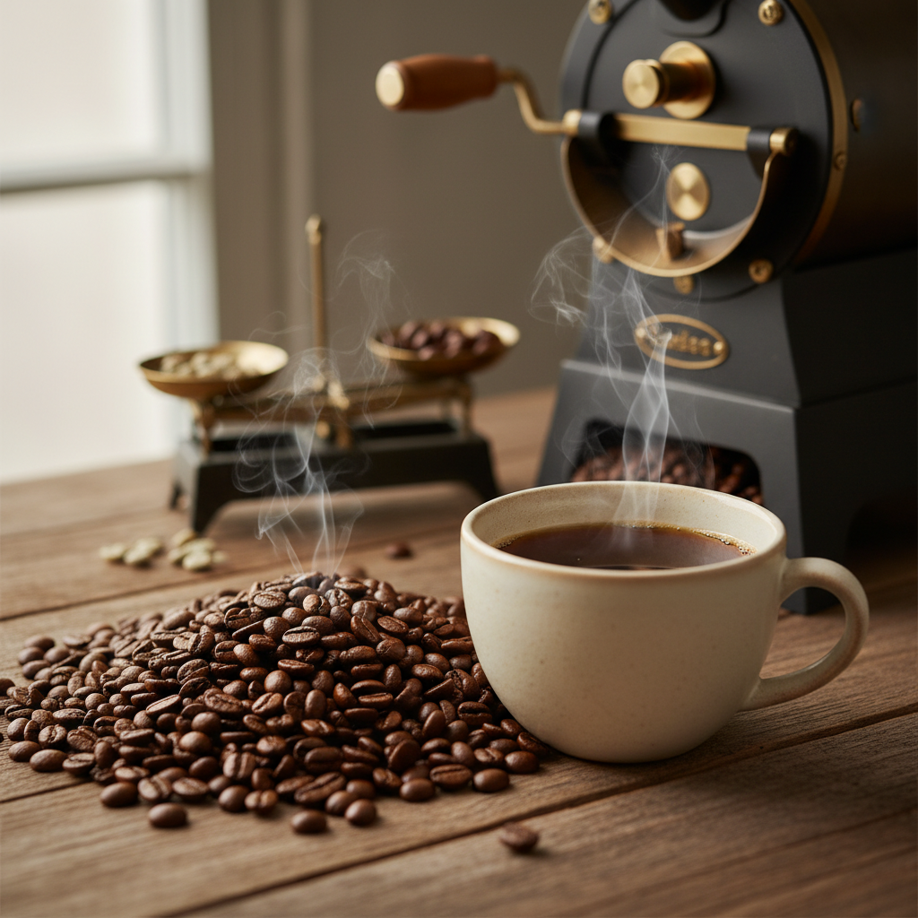 Kaffeetasse mit Kaffee, einer Waage und einem Mini-Trommelröster. KI-generiertes Bild. 