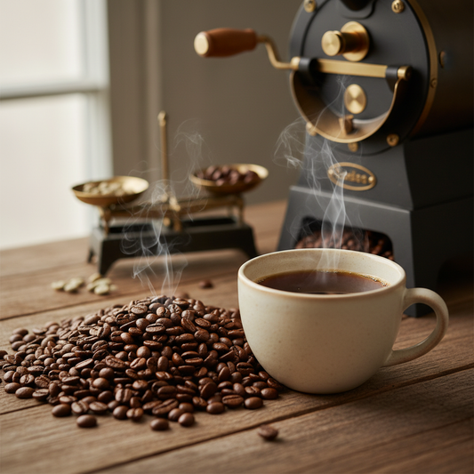 Kaffeetasse mit Kaffee, einer Waage und einem Mini-Trommelröster. KI-generiertes Bild. 