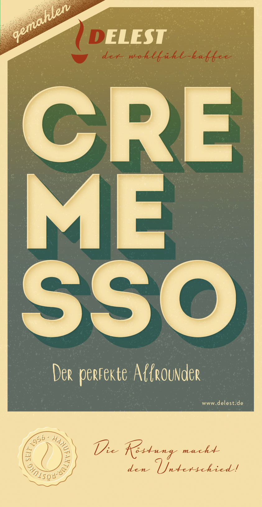 DELEST Cremesso gemahlen – Kaffeeverpackung mit Etikett, Der perfekte Allrounder, trommelgerösteter Arabica Kaffee