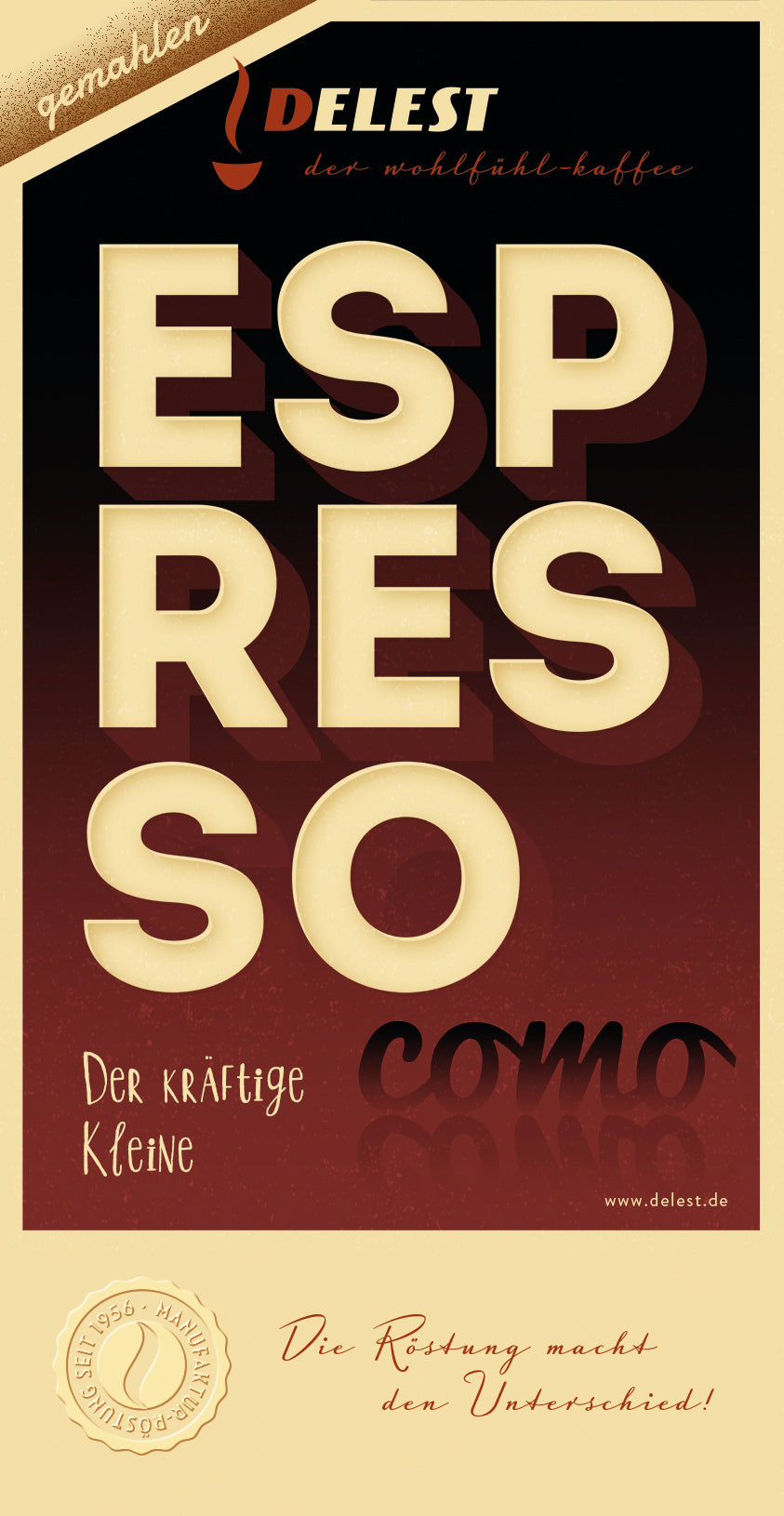 DELEST Espresso gemahlen – Kaffeeverpackung mit Etikett, Der kräftige Kleine, säurearmer Espresso aus Trommelröstung
